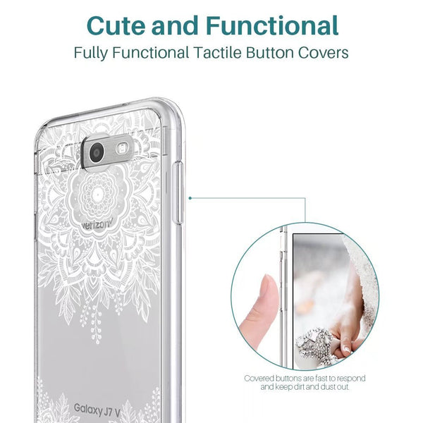 Samsung Galaxy J7 V / J7 2017 / J7 Prime / J7 Perx / J7 Sky Pro Case, Shock Absorbing White Henna Mandala Floral Lace Clear Design Printed Air Hybrid with TPU Bumper Protective Case Cover