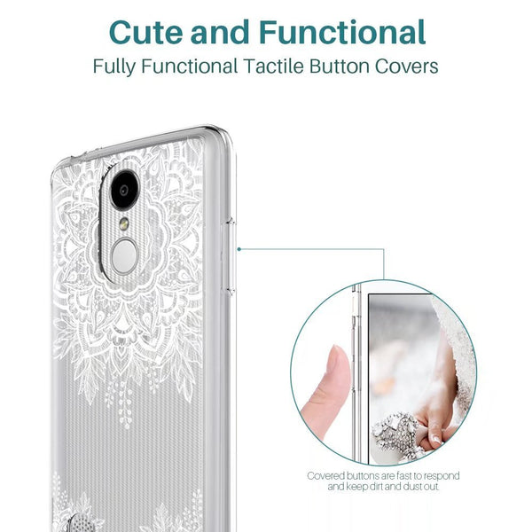 LG Aristo / LG Phoenix 3 / LG K8 2017 / LG Fortune / LG Risio / LG Rebel 2 LTE Case, Shock Absorbing White Henna Floral Lace Clear Design Printed Air Hybrid with TPU Bumper Protective Case Cover