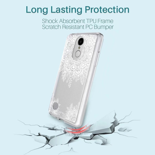 LG Aristo / LG Phoenix 3 / LG K8 2017 / LG Fortune / LG Risio / LG Rebel 2 LTE Case, Shock Absorbing White Henna Floral Lace Clear Design Printed Air Hybrid with TPU Bumper Protective Case Cover