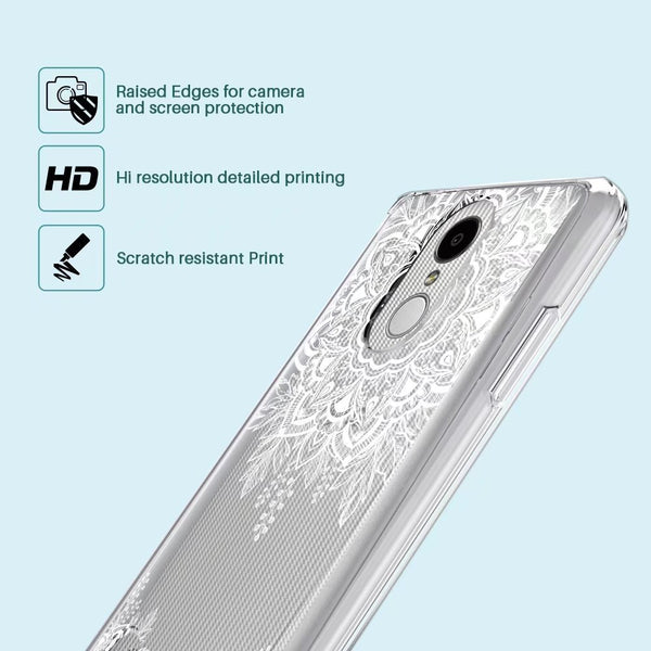 LG Aristo / LG Phoenix 3 / LG K8 2017 / LG Fortune / LG Risio / LG Rebel 2 LTE Case, Shock Absorbing White Henna Floral Lace Clear Design Printed Air Hybrid with TPU Bumper Protective Case Cover