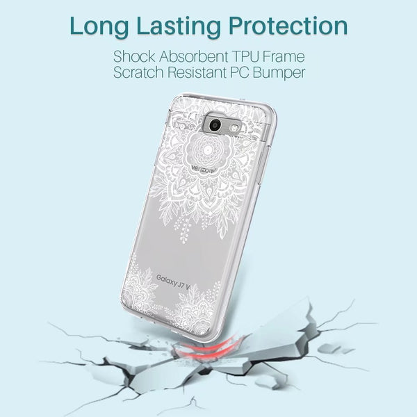 Samsung Galaxy J7 V / J7 2017 / J7 Prime / J7 Perx / J7 Sky Pro Case, Shock Absorbing White Henna Mandala Floral Lace Clear Design Printed Air Hybrid with TPU Bumper Protective Case Cover