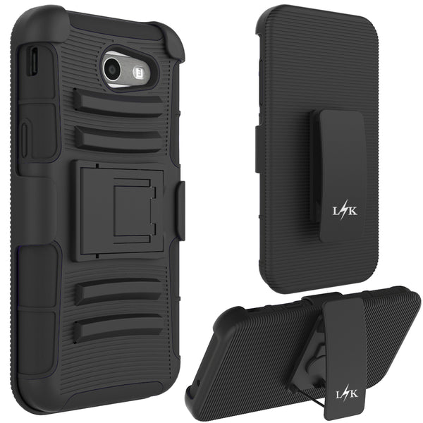 Samsung Galaxy J3 Emerge / J3 2017 / J3 Prime / J3 Mission / J3 Eclipse / J3 Luna Pro / Sol 2 / Amp Prime 2 / Express Prime 2 Case, LK Black Armor Holster Defender Protective Hybrid Case Cover