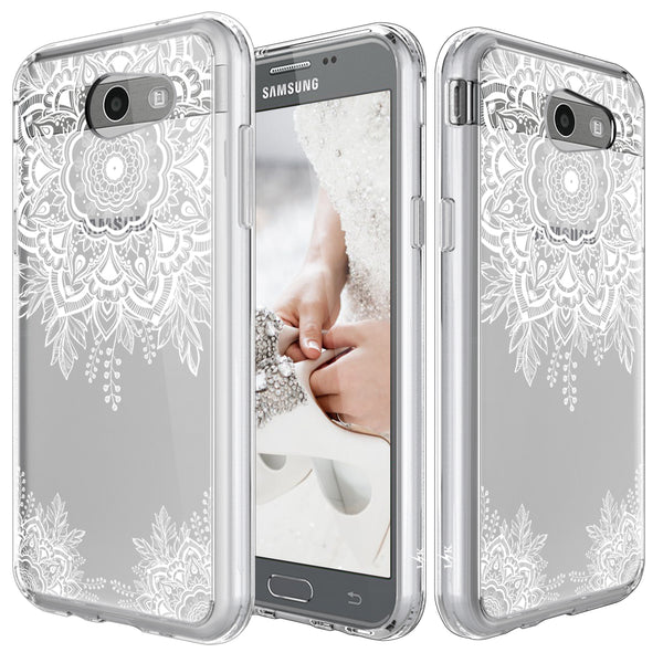 Samsung Galaxy J3 Emerge / J3 2017 / J3 Prime / J3 Mission / J3 Eclipse / J3 Luna Pro / Amp Prime 2 / Express Prime 2 Case, White Henna Floral Clear Air Hybrid with TPU Bumper Protective Cover