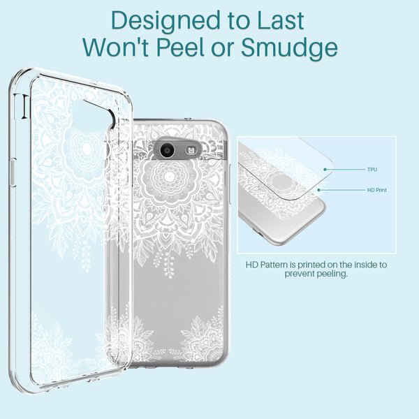 Samsung Galaxy J3 Emerge / J3 2017 / J3 Prime / J3 Mission / J3 Eclipse / J3 Luna Pro / Amp Prime 2 / Express Prime 2 Case, White Henna Floral Clear Air Hybrid with TPU Bumper Protective Cover