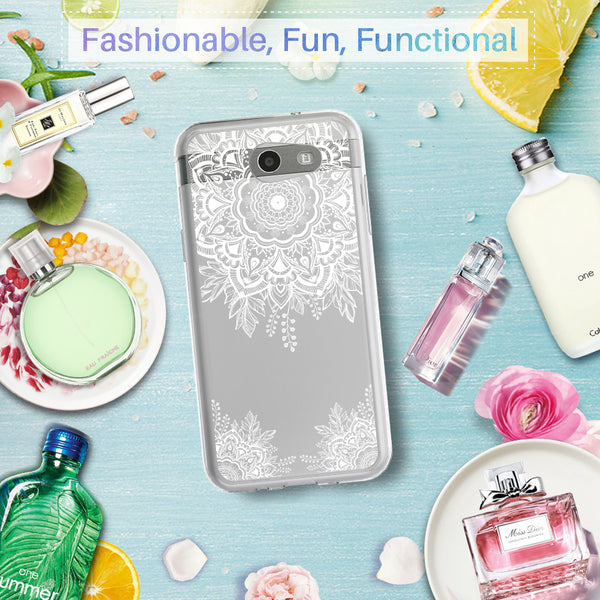 Samsung Galaxy J3 Emerge / J3 2017 / J3 Prime / J3 Mission / J3 Eclipse / J3 Luna Pro / Amp Prime 2 / Express Prime 2 Case, White Henna Floral Clear Air Hybrid with TPU Bumper Protective Cover