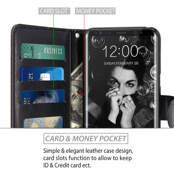 Galaxy S8 Case with Wrist Strap Luxury PU Leather Wallet Flip Protective Case Cover with Card Slots and Stand