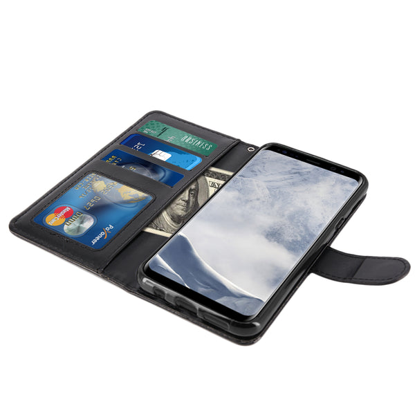 Galaxy S8 Case with Wrist Strap Luxury PU Leather Wallet Flip Protective Case Cover with Card Slots and Stand