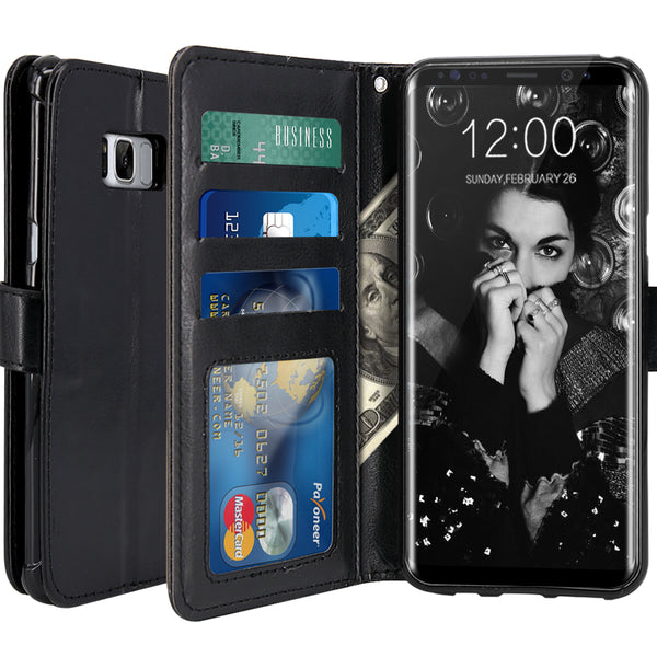 Galaxy S8 Case with Wrist Strap Luxury PU Leather Wallet Flip Protective Case Cover with Card Slots and Stand