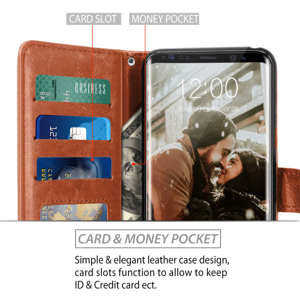 Galaxy S8 Case with Wrist Strap Luxury PU Leather Wallet Flip Protective Case Cover with Card Slots and Stand