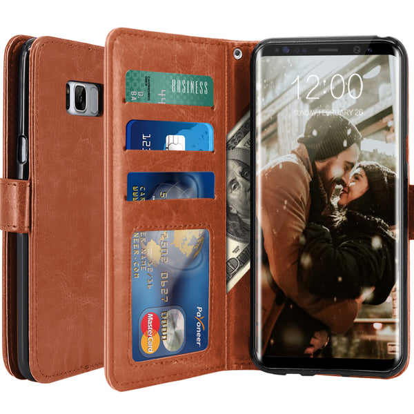 Galaxy S8 Case with Wrist Strap Luxury PU Leather Wallet Flip Protective Case Cover with Card Slots and Stand