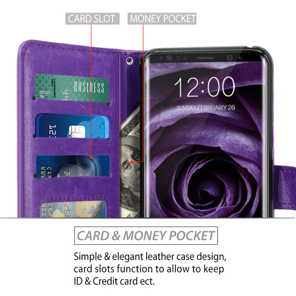 Galaxy S8 Case with Wrist Strap Luxury PU Leather Wallet Flip Protective Case Cover with Card Slots and Stand