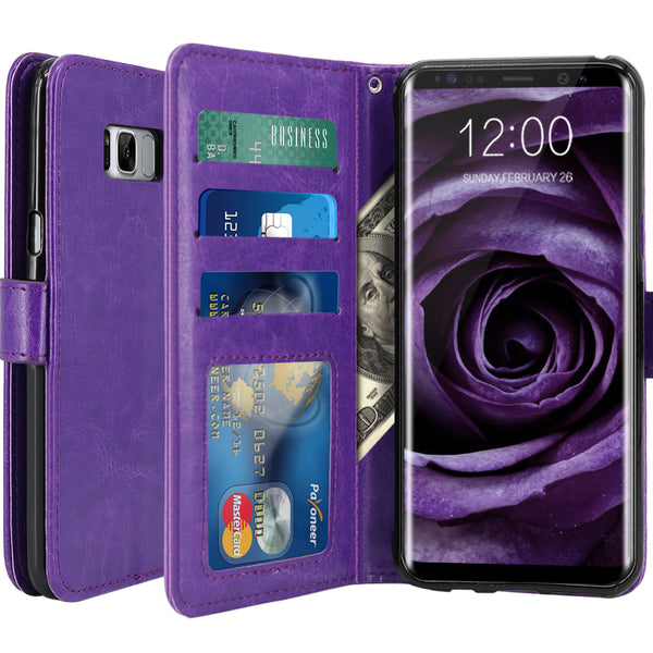Galaxy S8 Case with Wrist Strap Luxury PU Leather Wallet Flip Protective Case Cover with Card Slots and Stand
