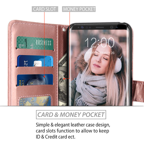 Galaxy S8 Case with Wrist Strap Luxury PU Leather Wallet Flip Protective Case Cover with Card Slots and Stand