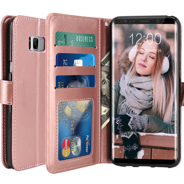 Galaxy S8 Case with Wrist Strap Luxury PU Leather Wallet Flip Protective Case Cover with Card Slots and Stand