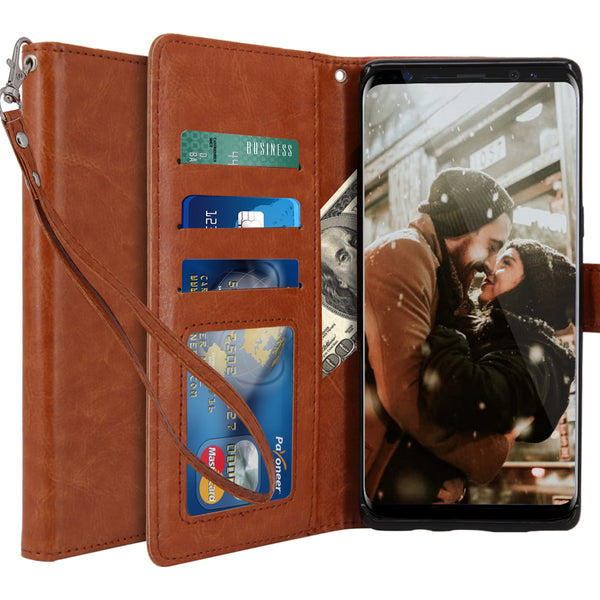 Galaxy Note 8 Case with Wrist Strap Luxury PU Leather Wallet Flip Protective Case Cover with Card Slots and Stand