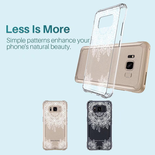 Galaxy S8 Active Case, LK Shock Absorbing White Henna Mandala Floral Lace Clear Design Printed Air Hybrid with TPU Bumper Protective Case Cover for Samsung Galaxy S8 Active