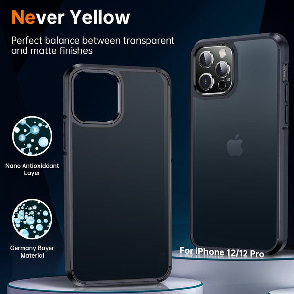LK Designed for iPhone 12 Case/iPhone 12 Pro Case, [Military Grade Drop Tested] [Never Yellow] with 2X Screen Protectors, Translucent Matte Slim Protective Cover for iPhone 12/12 Pro