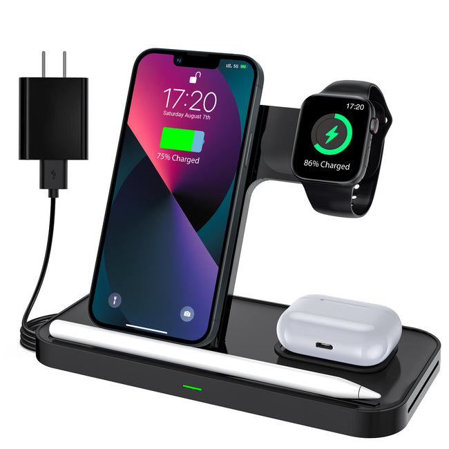 LK Wireless Charger,Upgraded 4 in 1Wireless Charger station,15W Fast Wireless Charger Stand Compatible With iPhone 13/12/11/XR/X/8 Series/iWatch 1-7/AirPods Tidy Storage