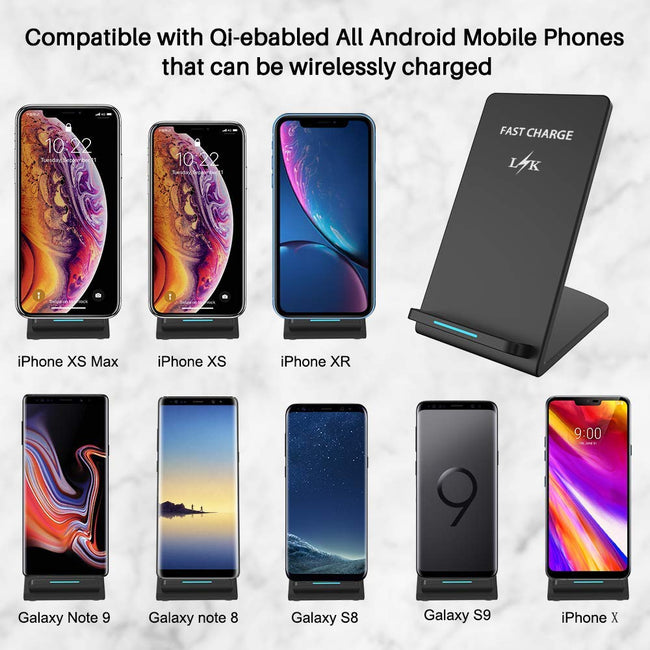 Wireless Charger, LK Qi Fast Wireless Charging Pad Stand for iPhone XS Max/XS / XR/X, LG G7 ThinQ, Samsung Galaxy Note 9 / S9 / S9 Plus / S8 / S8 Plus, All Qi-Enabled Devices