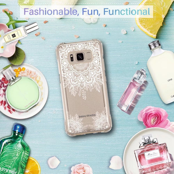 Galaxy S8 Active Case, LK Shock Absorbing White Henna Mandala Floral Lace Clear Design Printed Air Hybrid with TPU Bumper Protective Case Cover for Samsung Galaxy S8 Active