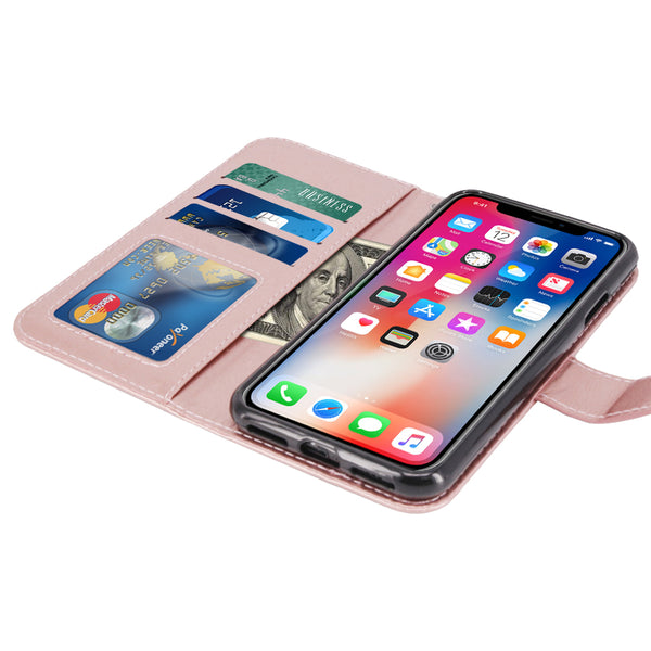 iPhone X Case, [Wrist Strap] Luxury PU Leather Wallet Flip Protective Case Cover with Card Slots and Stand for Apple iPhone X