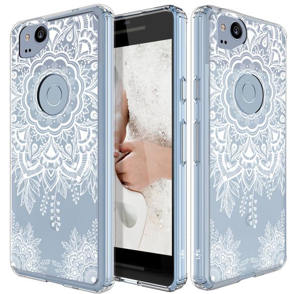 Google Pixel 2 Case, LK [Shock Absorbing] White Henna Mandala Floral Lace Clear Design Printed Air Hybrid with TPU Bumper Protective Case Cover for Google Pixel 2