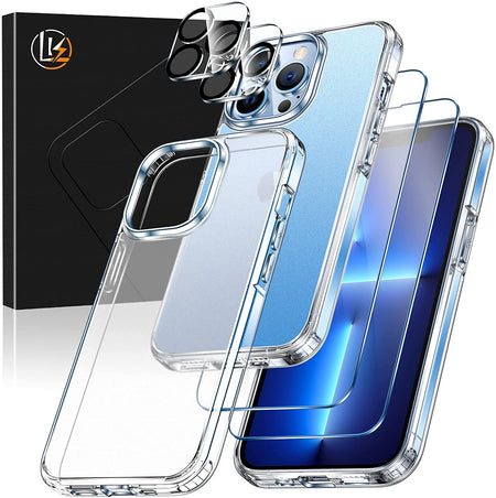 LK for iPhone 13 Case, [Military Shockproof Protection] [Anti-Yellowing] + 2 Tempered Glass Screen Protectors & 2 Camera Protectors, Hard PC Back and Soft TPU Bumper