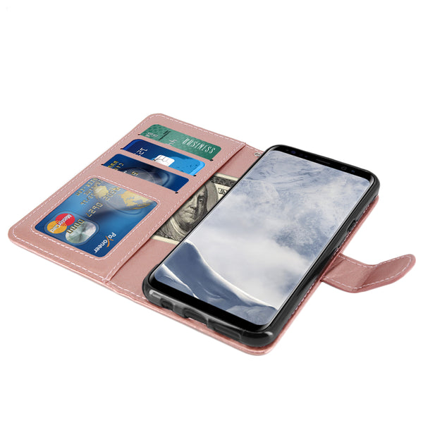 Galaxy S8 Plus Case with Wrist Strap Luxury PU Leather Wallet Flip Protective Case Cover with Card Slots and Stand