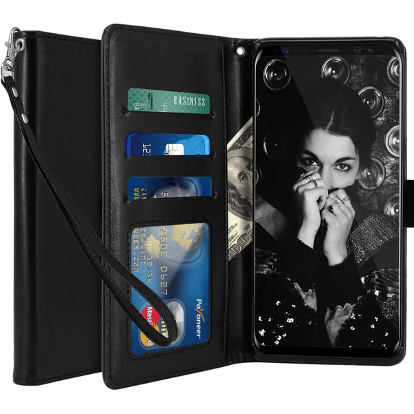 Galaxy Note 8 Case with Wrist Strap Luxury PU Leather Wallet Flip Protective Case Cover with Card Slots and Stand