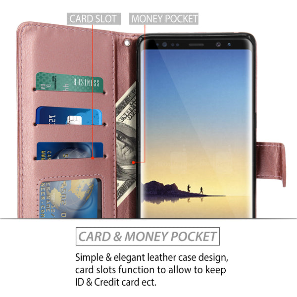 Galaxy Note 8 Case with Wrist Strap Luxury PU Leather Wallet Flip Protective Case Cover with Card Slots and Stand